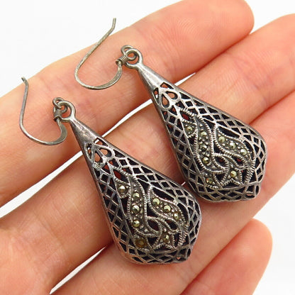 925 Sterling Silver Real Marcasite Gem Teardrop Shape Ornate Drop Earrings