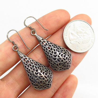 925 Sterling Silver Real Marcasite Gem Teardrop Shape Ornate Drop Earrings