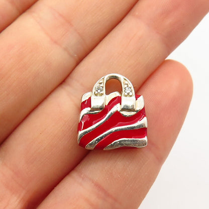 925 Sterling Silver C Z & Enamel Lady's Purse Design Pendant