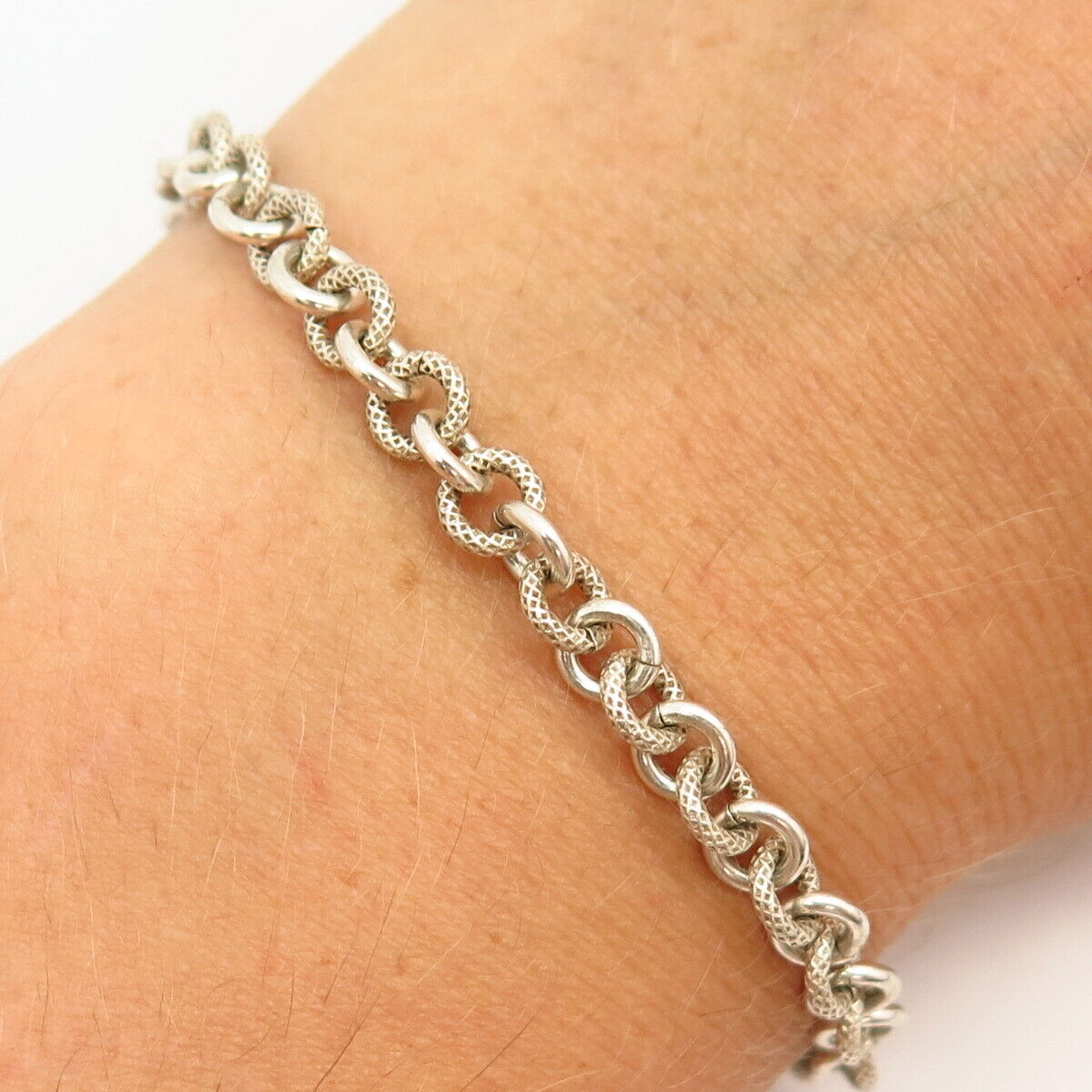 925 Sterling Silver Textured Design Rolo Link Bracelet 6.5"