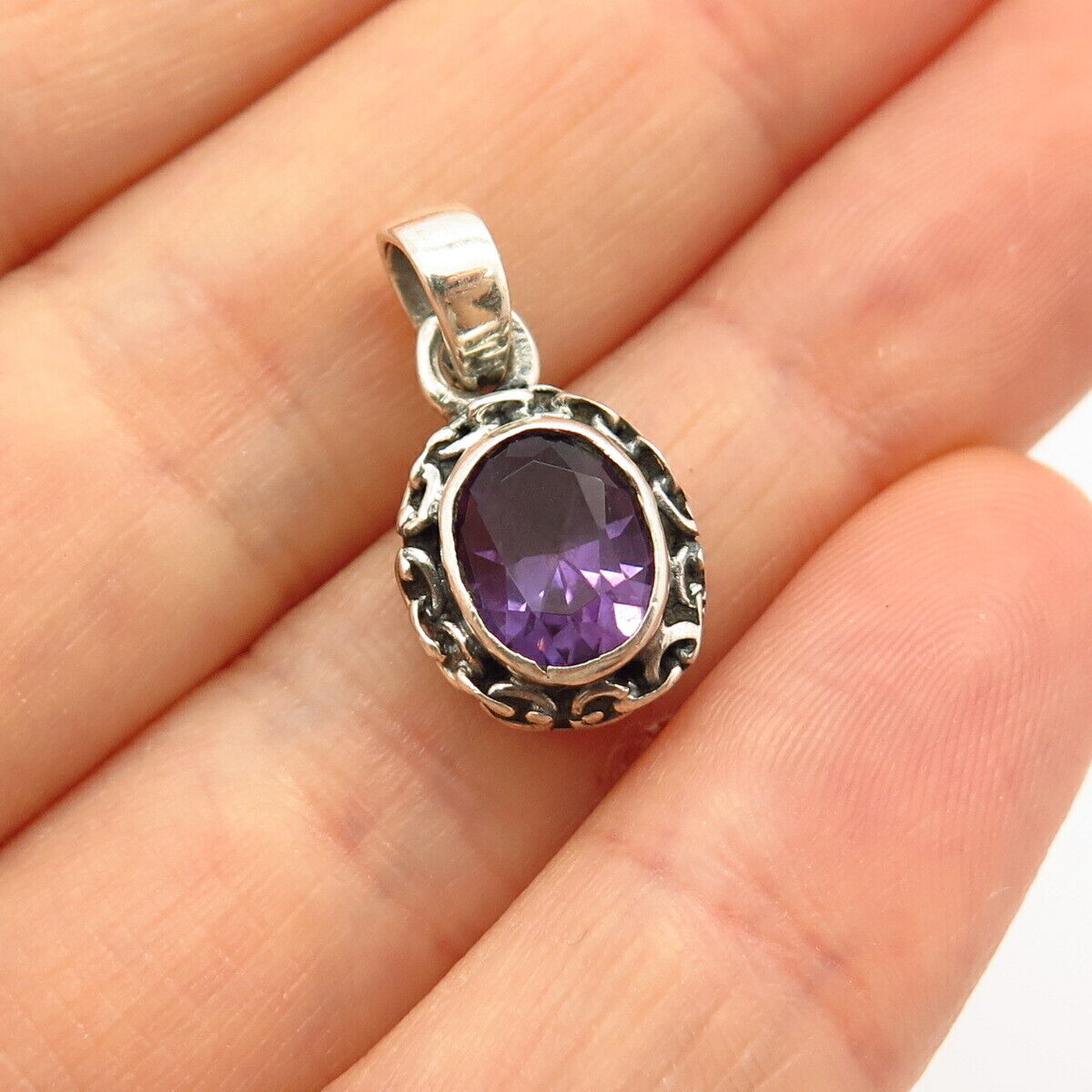 925 Sterling Silver Amethyst-Tone C Z Chain Design Small Pendant