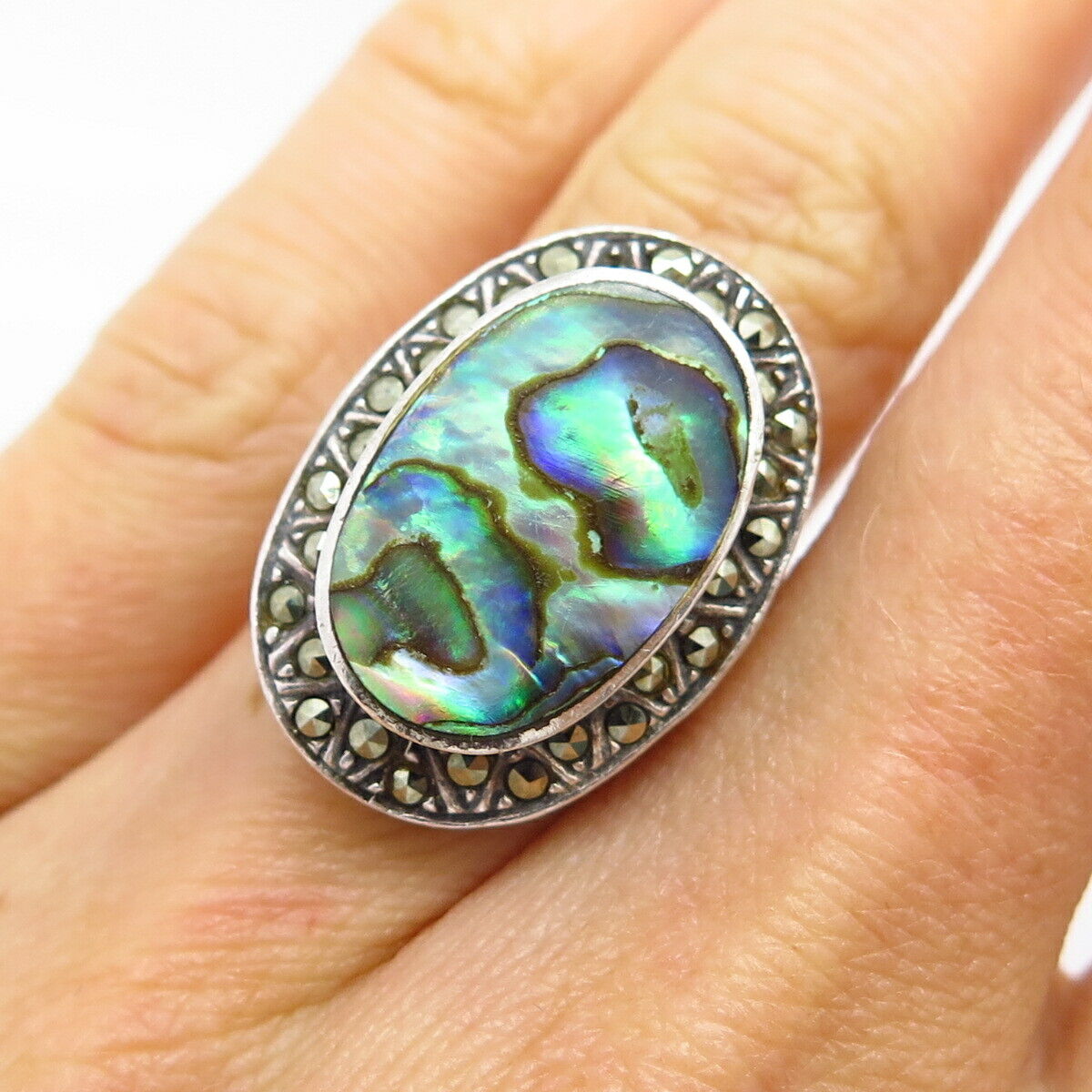 925 Sterling Silver Real Marcasite Gem & Abalone Shell Ring Size 5