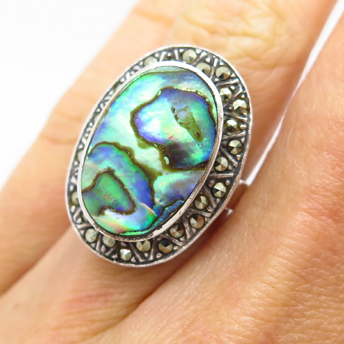 925 Sterling Silver Real Marcasite Gem & Abalone Shell Ring Size 5