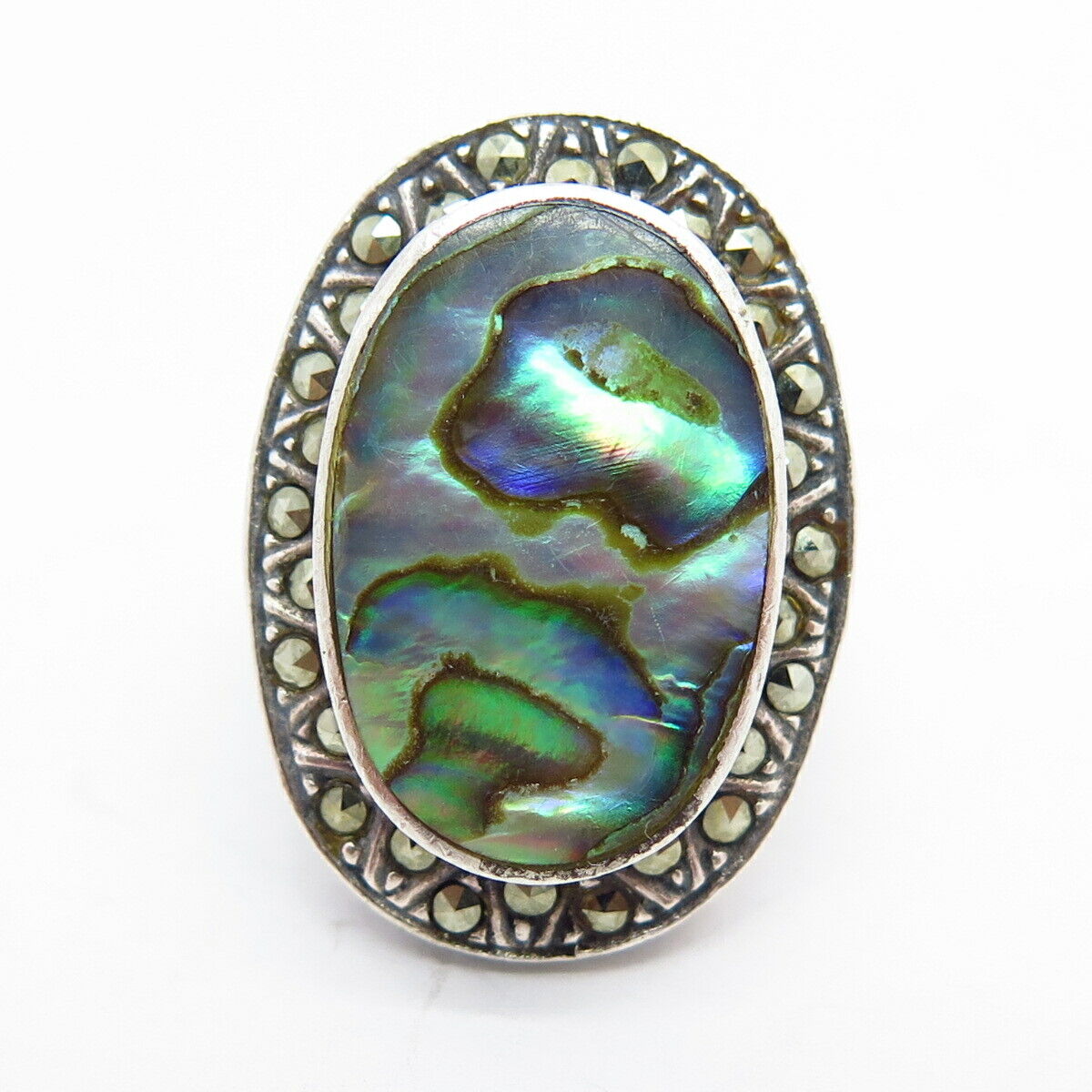 925 Sterling Silver Real Marcasite Gem & Abalone Shell Ring Size 5