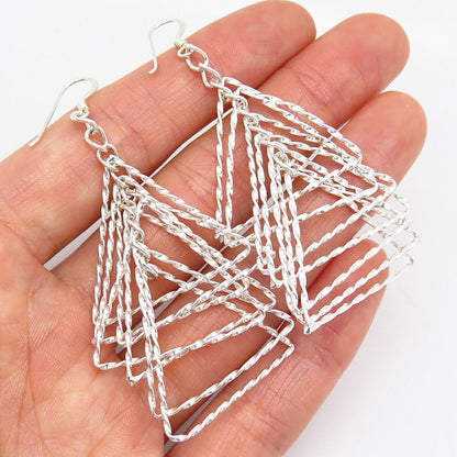 925 Sterling Silver Twisted Linked Triangle Design Dangling Earrings