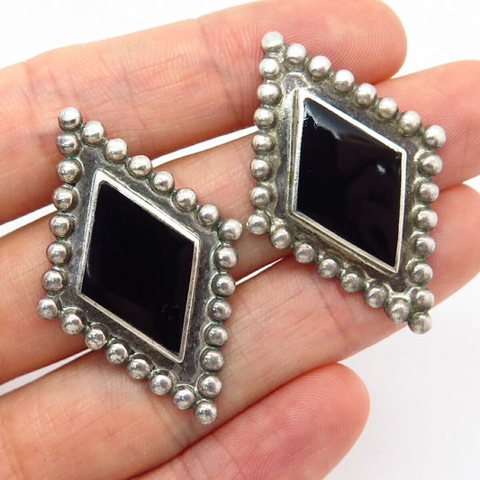 925 Sterling Silver Real Black Onyx Gem Bead Rhombus Earrings