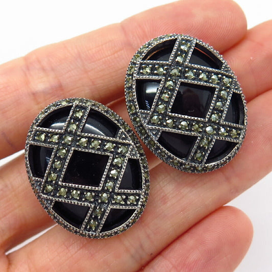 925 Sterling Silver Vintage Judith Jack Black Onyx & Marcasite Gem Earrings