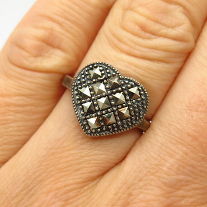 925 Sterling Silver Real Marcasite Gem Heart Design Ring Size 7