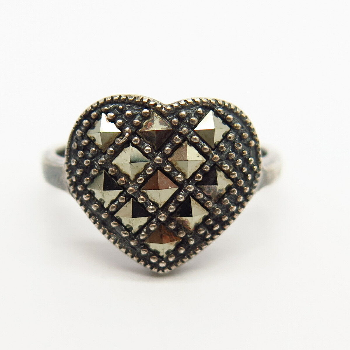 925 Sterling Silver Real Marcasite Gem Heart Design Ring Size 7