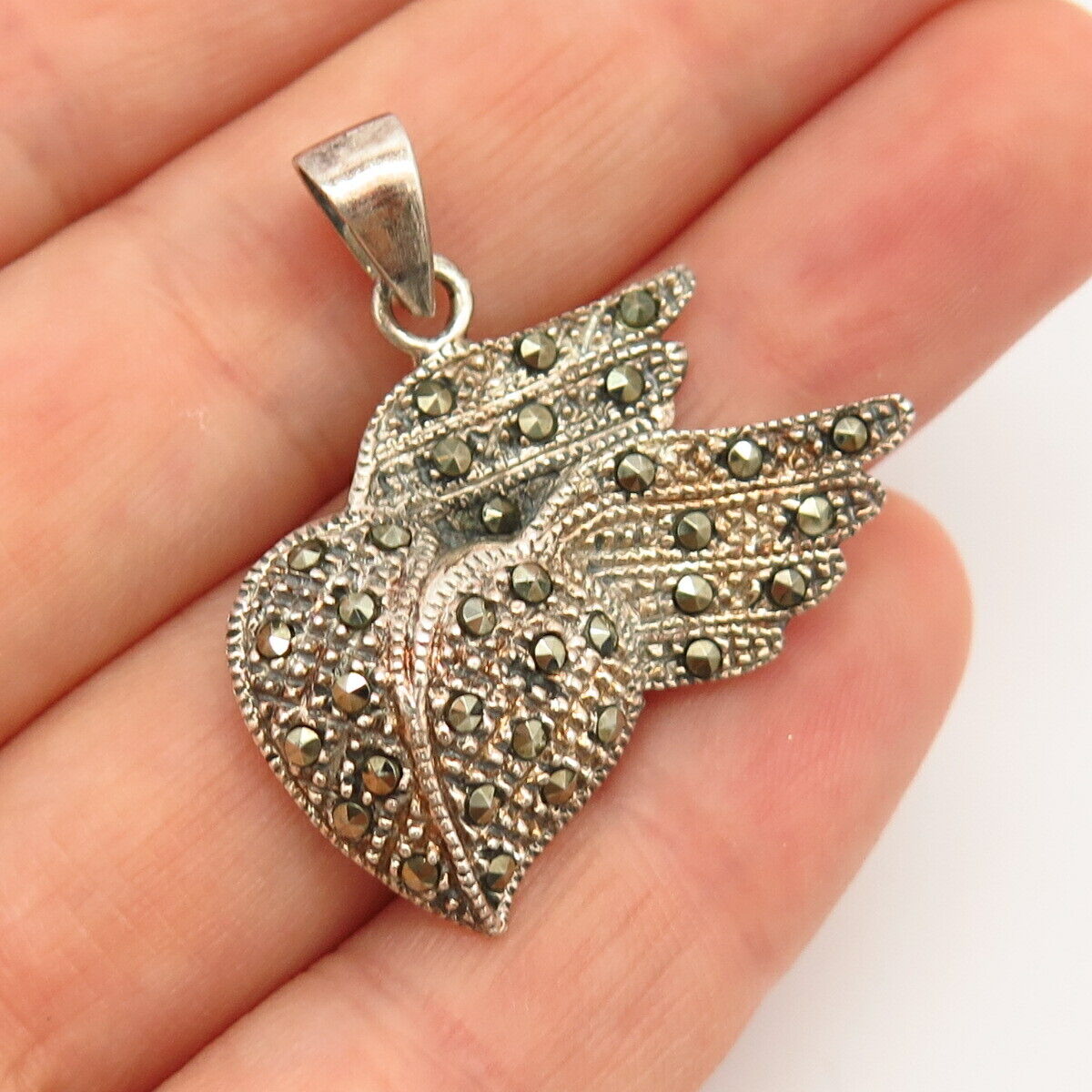 925 Sterling Silver Real Marcasite Gem Heart & Wings Design Pendant