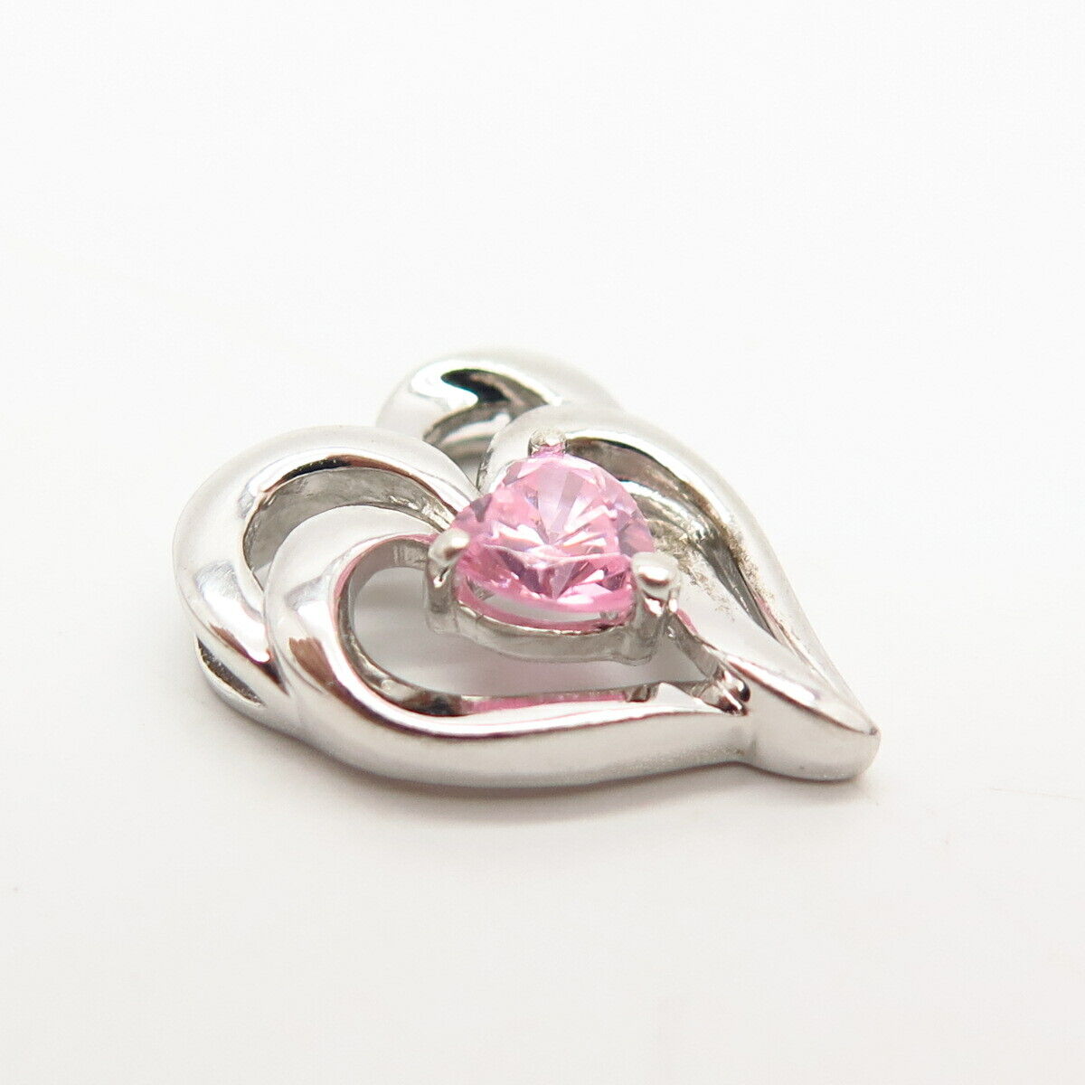 925 Sterling Silver Morganite-Tone C Z Double Heart Slide Pendant