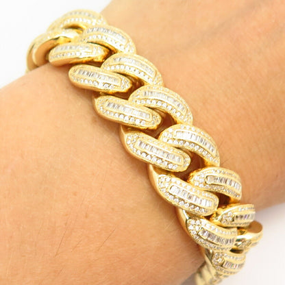 925 Sterling Silver Gold Plated C Z Thick Solid Cuban Link Bracelet 8"