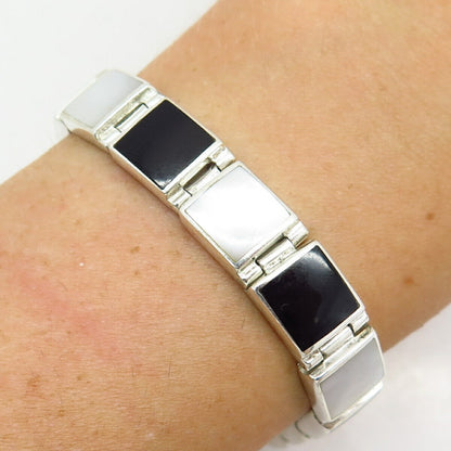 925 Sterling Silver Real Black Onyx Gem & Mother-of-Pearl Link Bracelet 6.5"