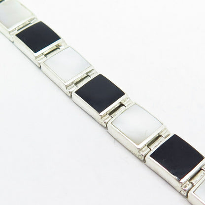 925 Sterling Silver Real Black Onyx Gem & Mother-of-Pearl Link Bracelet 6.5"