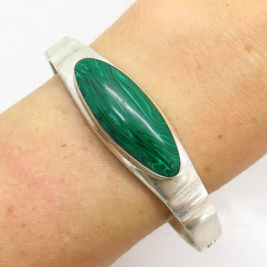 925 Sterling Silver Vintage Mexico Malachite Gem Hinged Bangle Bracelet 7"