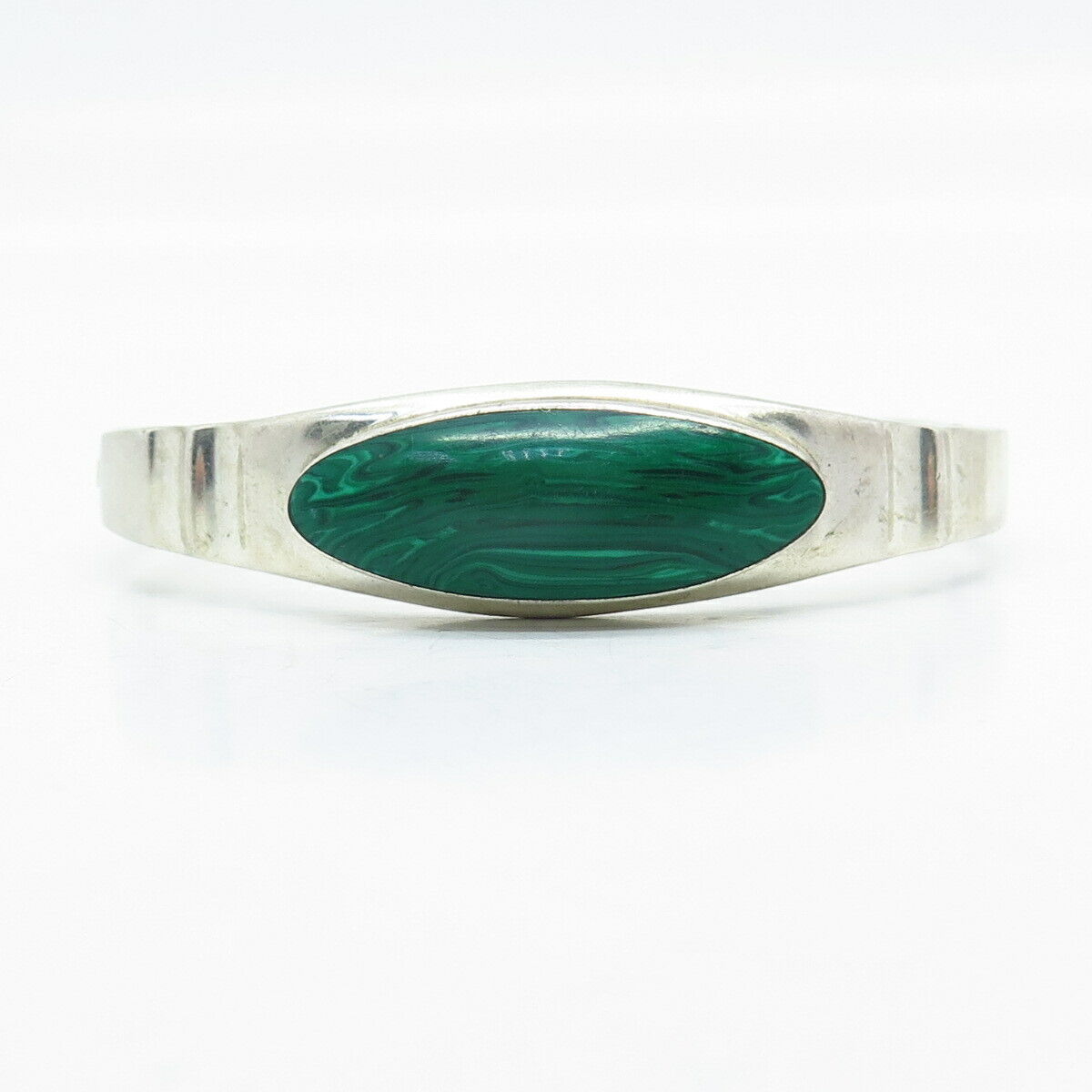 925 Sterling Silver Vintage Mexico Malachite Gem Hinged Bangle Bracelet 7"