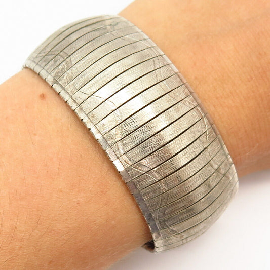 925 Sterling Silver Italy Wave Design Wide Panel Link Bracelet 6 3/4"