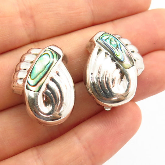 925 Sterling Silver Vintage Mexico Real Abalone Shell Ribbed Clip On Earrings