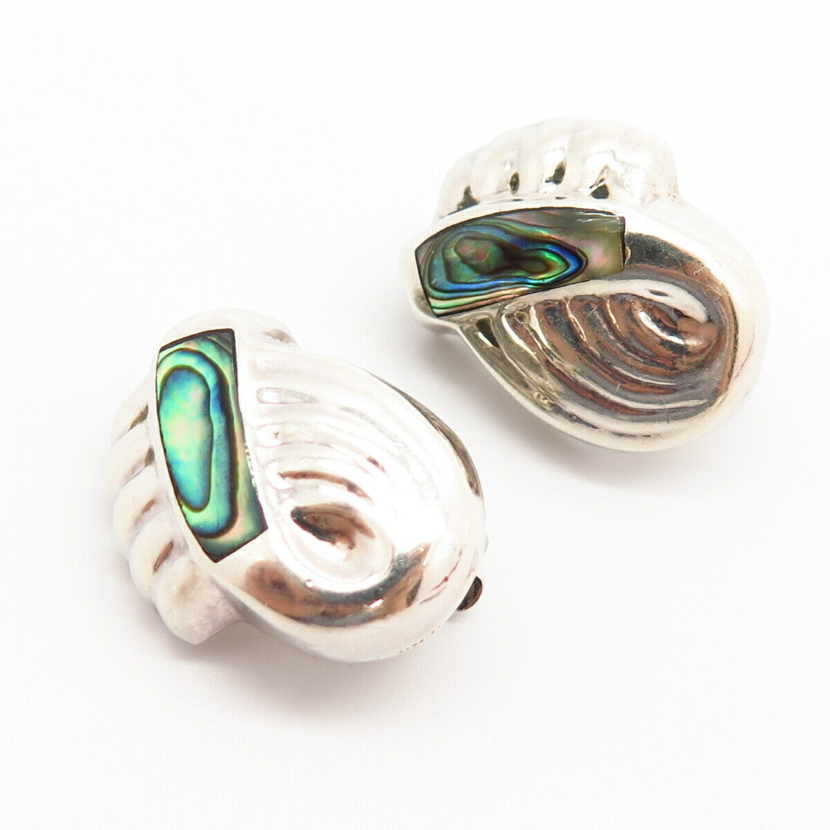 925 Sterling Silver Vintage Mexico Real Abalone Shell Ribbed Clip On Earrings