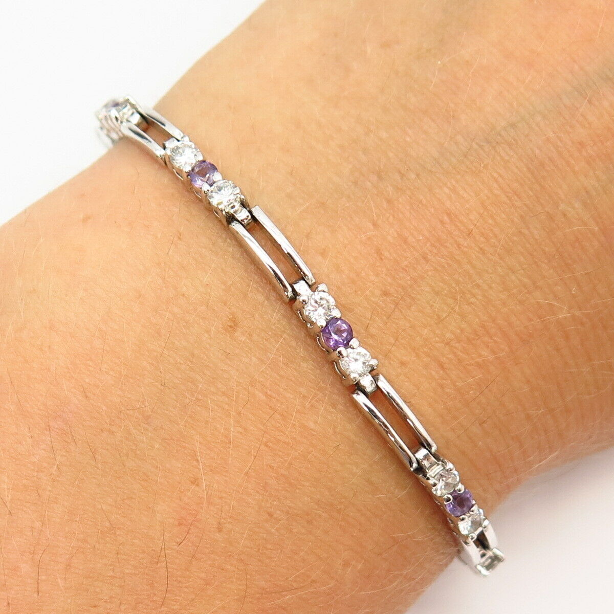 925 Sterling Silver Real Amethyst Gemstone & C Z Bar Link Bracelet 7"