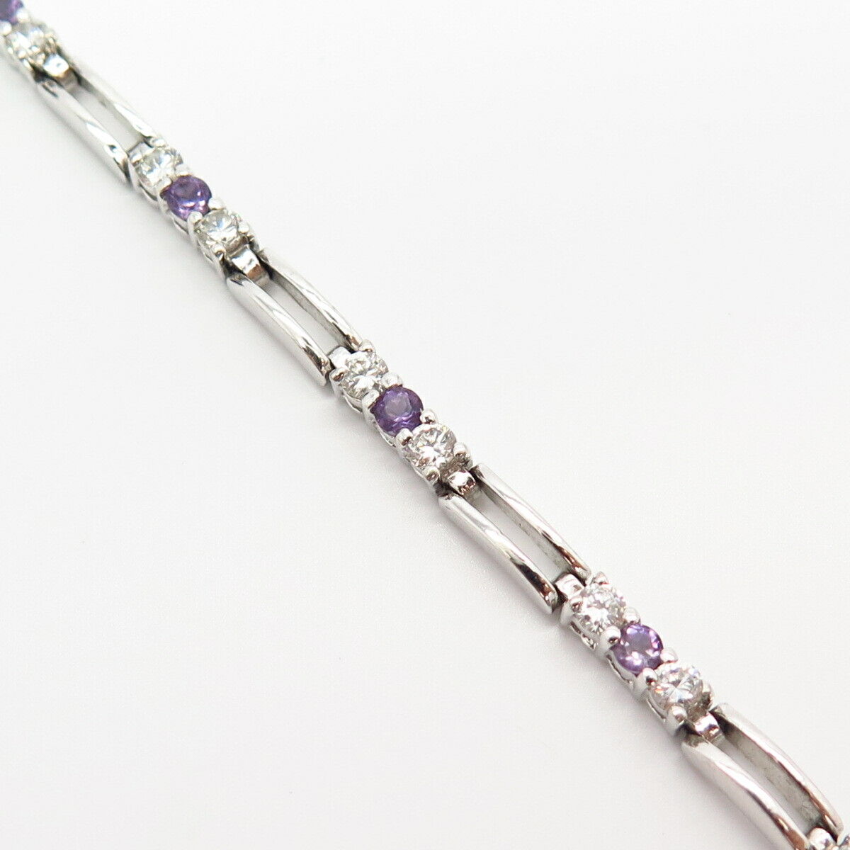 925 Sterling Silver Real Amethyst Gemstone & C Z Bar Link Bracelet 7"