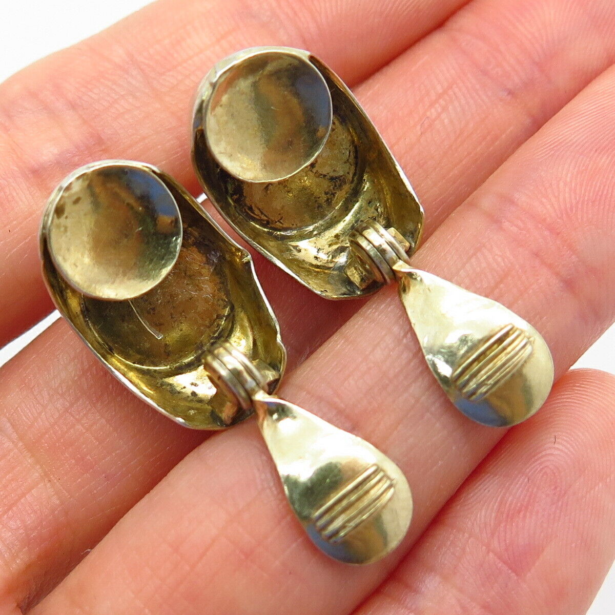 925 Sterling Silver 2-Tone Vintage Monet Button Design Clip On Earrings