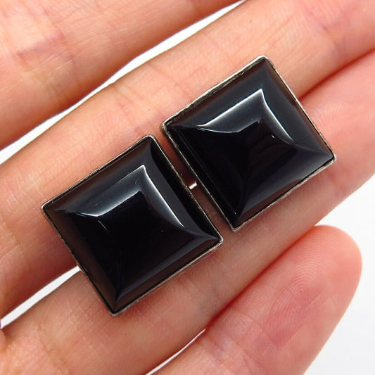 925 Sterling Silver Vintage Elaine Rose Real Black Onyx Gem Square Stud Earrings