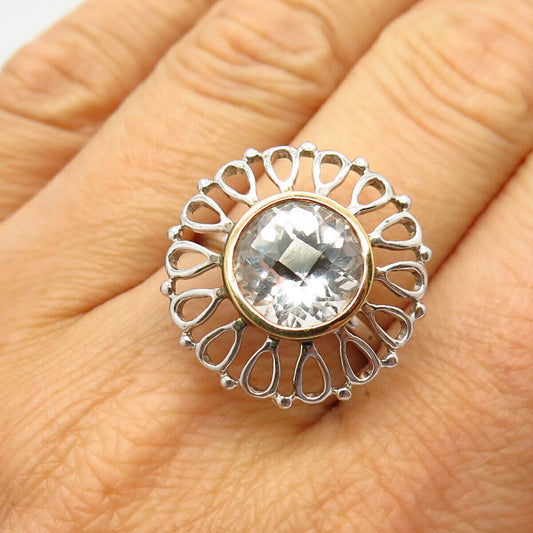 925 Sterling Silver / 18K Gold C Z Floral Design Ring Size 8