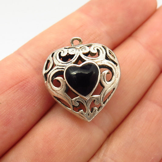 925 Sterling Silver Real Black Onyx Gem Swirl Heart Reversible Pendant