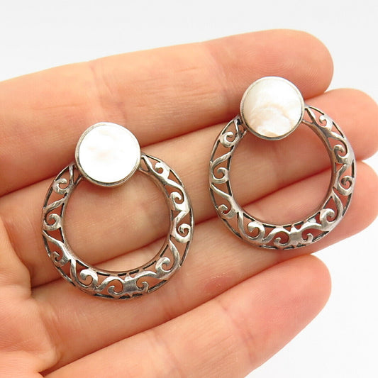 925 Sterling Silver Real Pink Mother-of-Pearl Ornate Hoop Earrings