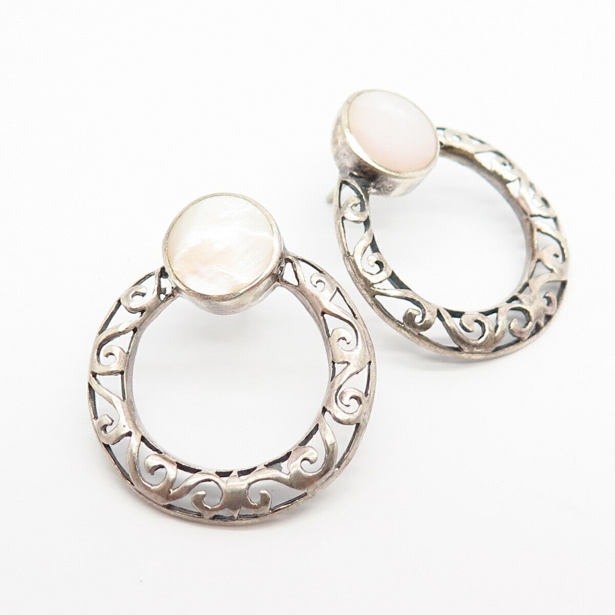 925 Sterling Silver Real Pink Mother-of-Pearl Ornate Hoop Earrings