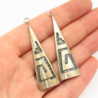 925 Sterling Silver Vintage Carved Tribal Triangle Design Jacket Earrings