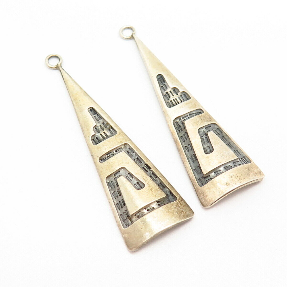 925 Sterling Silver Vintage Carved Tribal Triangle Design Jacket Earrings