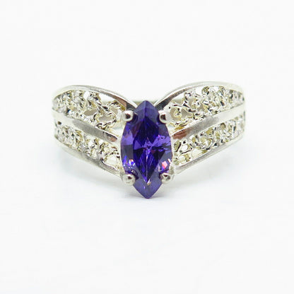 925 Sterling Silver Violet-Tone C Z V-Style Ring Size 9