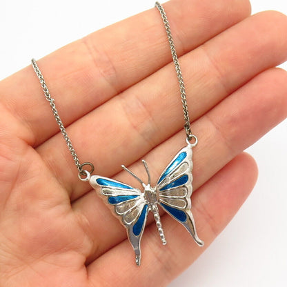 925 Sterling Silver Vintage Enamel Butterfly Design Necklace Central Part