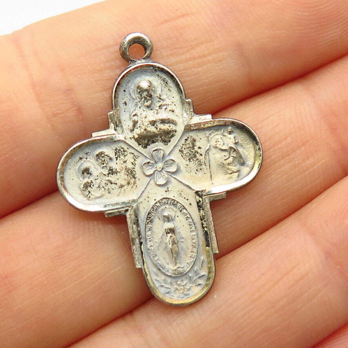 925 Sterling Silver Vintage Religious Four-Way Medal Cross Pendant