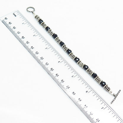 925 Sterling Silver Vintage Real Melanite Gem Beaded Design Link Bracelet 6"