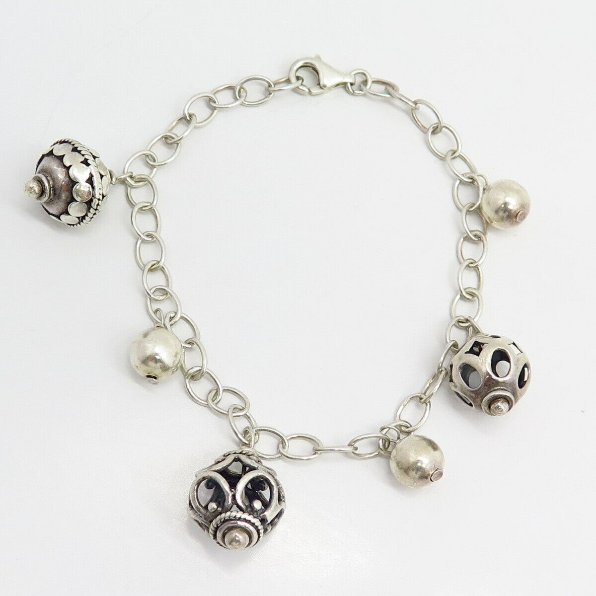 925 Sterling Silver Assorted Bead Charm Link Bracelet 7"