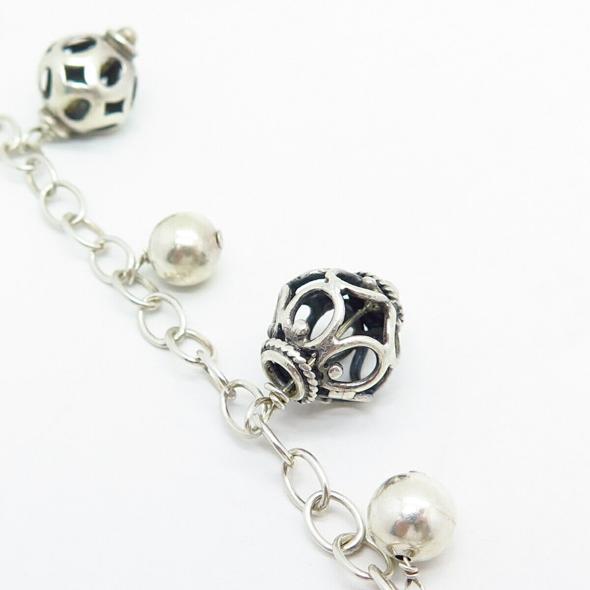 925 Sterling Silver Assorted Bead Charm Link Bracelet 7"