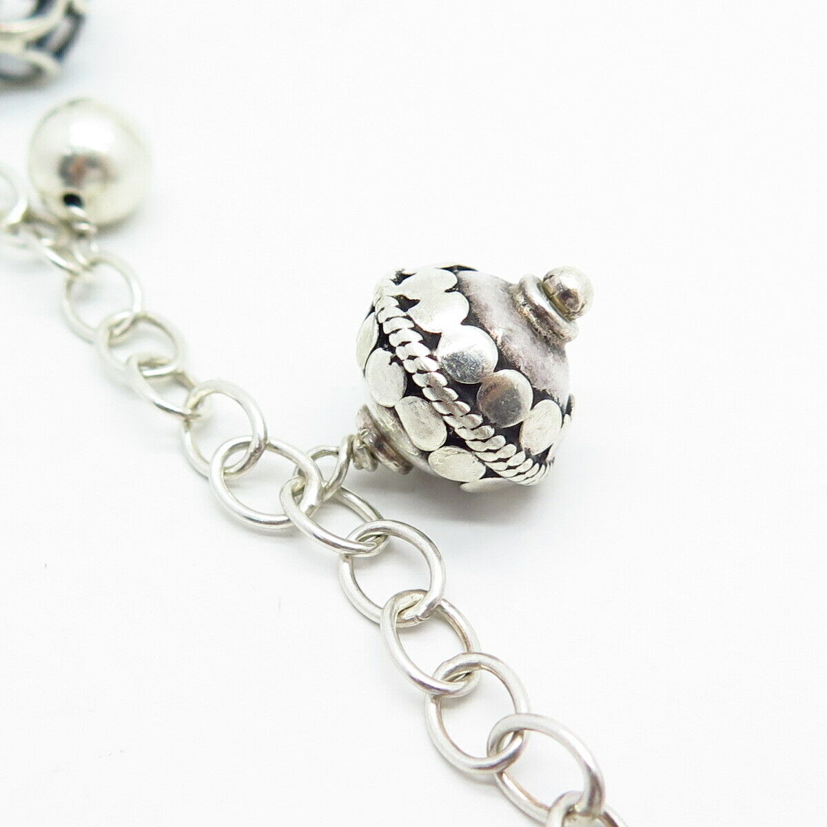 925 Sterling Silver Assorted Bead Charm Link Bracelet 7"