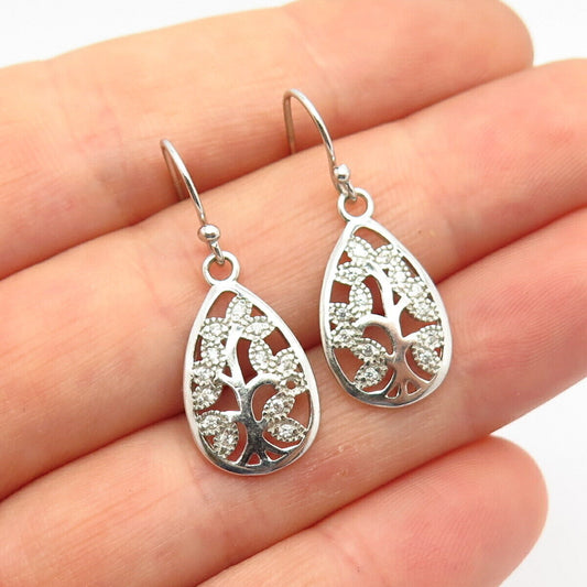 925 Sterling Silver C Z Tree of Life Design Dangling Earrings