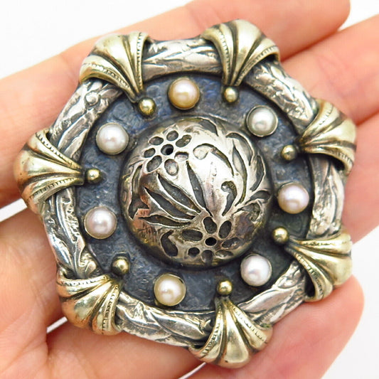 925 Sterling 2-Tone Vintage Signed Real Pearl Floral Design Pin Brooch / Pendant