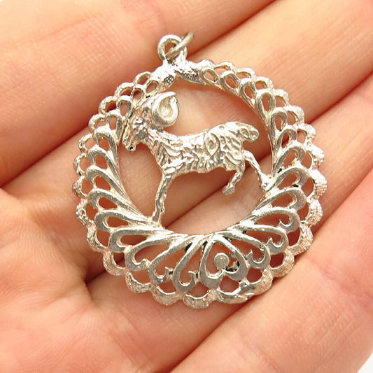 925 Sterling Silver Aries Zodiac Sign Ornate Round Pendant