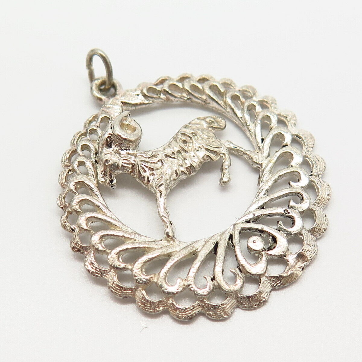 925 Sterling Silver Aries Zodiac Sign Ornate Round Pendant