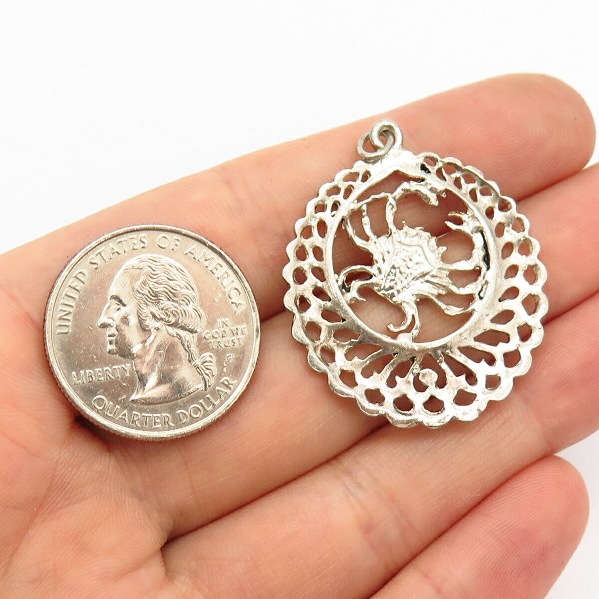 925 Sterling Silver Cancer Zodiac Sign Ornate Round Pendant