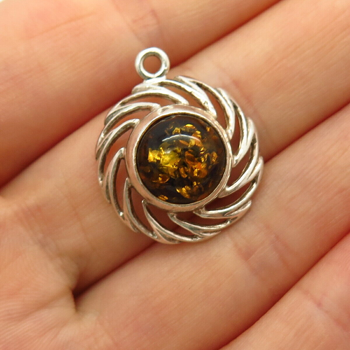 925 Sterling Silver Real Amber Swirl Design Round Pendant