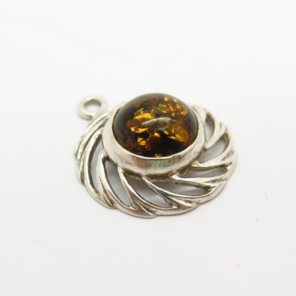 925 Sterling Silver Real Amber Swirl Design Round Pendant