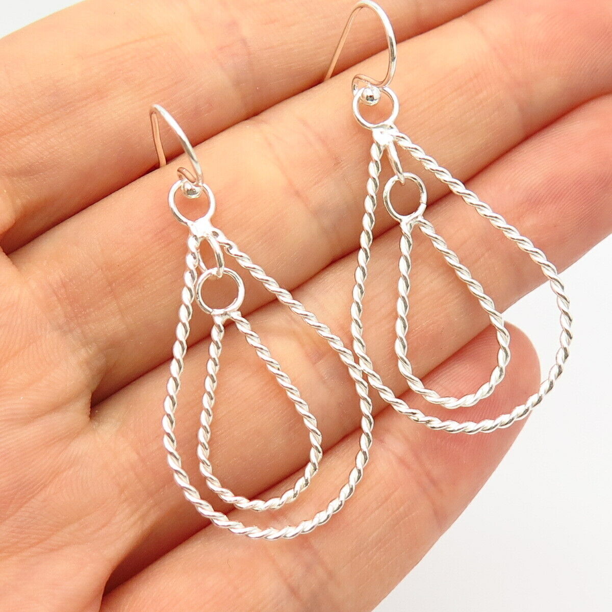 925 Sterling Silver Twisted Teardrop Design Dangling Earrings