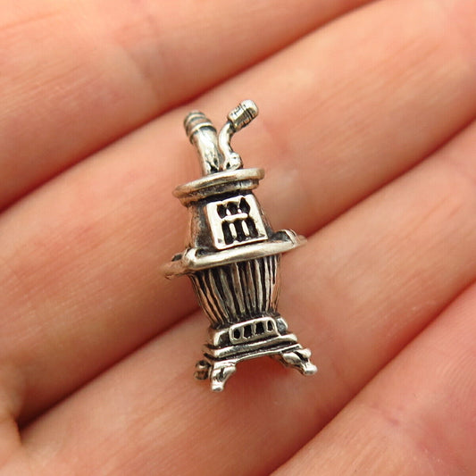 925 Sterling Silver Vintage Potbelly Stove Design Charm Pendant