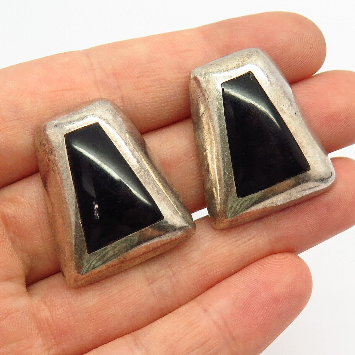 925 Sterling Silver Vintage Mexico Real Black Onyx Gemstone Clip On Earrings